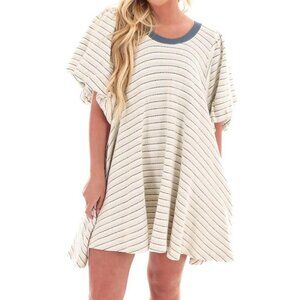 Free People Hudson Pullover Puff Sleeve Mini Dress Ivory Stripe S Boho Oversized